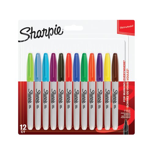 This Sharpie Marker has a fine nib, for precise, detailed, permanent writing on a variety of surfaces. The permanent ink is abrasion, UV ray and water-resistant, for long lasting clarity. This pack contains 12 markers in assorted, vivid colours with a line width of 0.9mm.