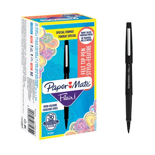 Paper Mate Flair Felt Tip Pens – Black Ink, Medium Point, Box Of 12 (8430152)