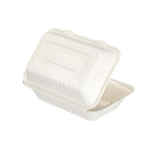 Bagasse Clamshell Meal Box Large 9x6 Inch White (Pack of 250) D06003