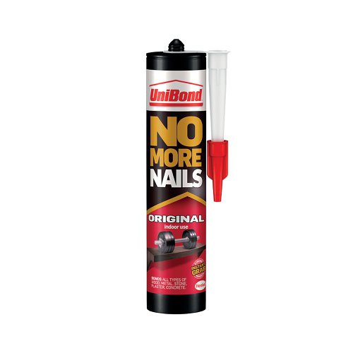 HK31284 | Unibond No More Nails Original Grab Adhesive Cartridge is a heavy duty adhesive ideal for mounting and bonding, without the need for nails, screws or hassle. The mounting adhesive is constructed with water-based technology, ensuring extra-strength and a professional finish. The cartridge design ensures a simple application, allowing control of the flow of glue with the use of a cartridge gun. The grab adhesive is suitable for most common building materials, e.g. wood, ceramic, metal, concrete, brick, plaster, stone and most plastics. Specially designed for interior use, the grab glue ensures strong bonds for heavy-duty repair and DIY jobs in almost any capacity. Ideal as a skirting board adhesive and for many other internal bonding applications, including fixing coat hooks, window ledges and coving. Before use ensure that surfaces are clean and free from dust, oil, grease and loose material.