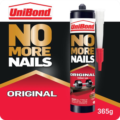 HK31284 | Unibond No More Nails Original Grab Adhesive Cartridge is a heavy duty adhesive ideal for mounting and bonding, without the need for nails, screws or hassle. The mounting adhesive is constructed with water-based technology, ensuring extra-strength and a professional finish. The cartridge design ensures a simple application, allowing control of the flow of glue with the use of a cartridge gun. The grab adhesive is suitable for most common building materials, e.g. wood, ceramic, metal, concrete, brick, plaster, stone and most plastics. Specially designed for interior use, the grab glue ensures strong bonds for heavy-duty repair and DIY jobs in almost any capacity. Ideal as a skirting board adhesive and for many other internal bonding applications, including fixing coat hooks, window ledges and coving. Before use ensure that surfaces are clean and free from dust, oil, grease and loose material.