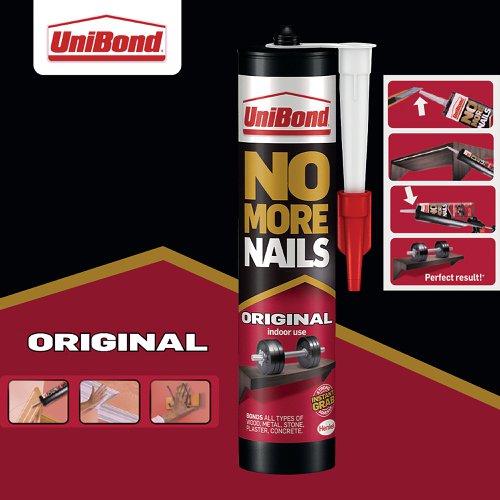 HK31284 | Unibond No More Nails Original Grab Adhesive Cartridge is a heavy duty adhesive ideal for mounting and bonding, without the need for nails, screws or hassle. The mounting adhesive is constructed with water-based technology, ensuring extra-strength and a professional finish. The cartridge design ensures a simple application, allowing control of the flow of glue with the use of a cartridge gun. The grab adhesive is suitable for most common building materials, e.g. wood, ceramic, metal, concrete, brick, plaster, stone and most plastics. Specially designed for interior use, the grab glue ensures strong bonds for heavy-duty repair and DIY jobs in almost any capacity. Ideal as a skirting board adhesive and for many other internal bonding applications, including fixing coat hooks, window ledges and coving. Before use ensure that surfaces are clean and free from dust, oil, grease and loose material.