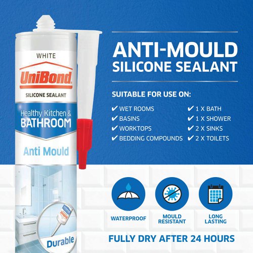 HK43729 | Ensure long-lasting, mould-free protection and strong seals with the UniBond Healthy Kitchen and Bathroom Sealant. Protect your bathroom and kitchen from mould with the powerful anti mould formula. A high-quality and long-lasting joint filler, the waterproof and flexible silicone sealant is specially formulated to function in humid environments such as kitchens and bathrooms and is recommended for use as a kitchen sink sealant, worktop sealant or as a toilet sealant. Formulated with silicone acetoxy technology, this joint sealant provides long-lasting sanitary seals with high adhesion. The cartridge design ensures precise application. Waste no time with sealing jobs, the long-lasting sanitary silicone is touch-dry within just 20 minutes and fully dry in 24 hours.