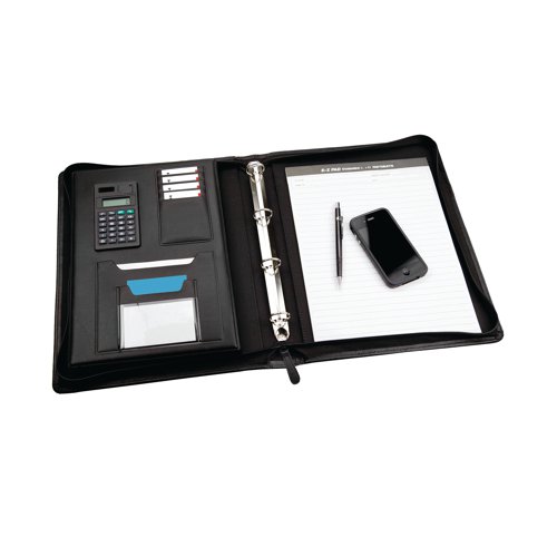 This stylish folder has a professional look and contains everything you need for meetings, conferences and presentations on the go. The leather look folder contains a 4 ring binding mechanism, A4 pad, internal calculator and gussetted pocket for note taking and document or tablet storage. The folder also has business card holders and two multifunctional pockets for keeping everything you need organised in one place.