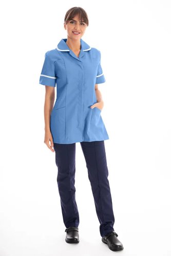 Work in Style Female Nursing Tunic Hospital Blue with White Trim 30 Inch DVDTR/HOS/WHT/30