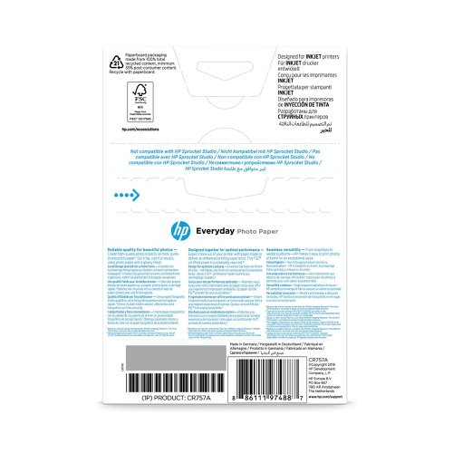 Designed for economical usage, HP White Everyday Glossy Photo Paper is great for quick and easy printing of photos. You don't need to worry about wasting expensive photo paper - just print out home photos whenever you want. Designed to allow ink to dry instantly, this paper is smudge and water resistant for quality that lasts straight from the printer.