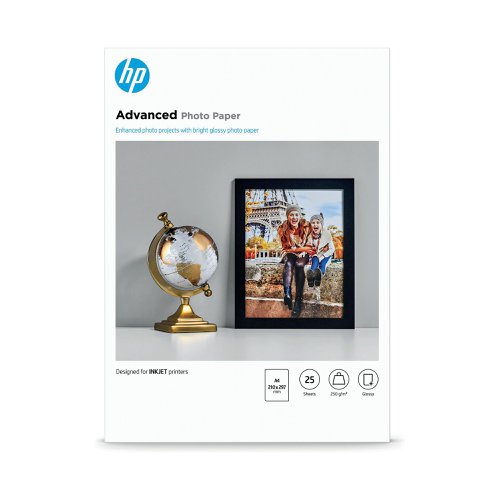 The premium 250gsm HP White Advanced Glossy Photo Paper provides a look and feel with the same quality as lab-processed photos. It's a great way to reproduce your best memories for display in frames or photo albums. The glossy finish brings out vivid colours for extra impact. The material helps fix ink for resistance to water and smudges, so you can handle your photos straight from the printer.