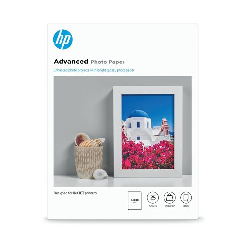 Premium 250gsm HP Advanced Photo Paper provides a look and feel with the same quality as lab-processed photos. It's a great way to reproduce your best memories for display in frames or photo albums. The glossy finish brings out vivid colours for extra impact. The material helps fix ink for resistance to water and smudges, so you can handle your photos straight from the printer.