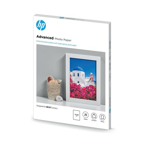 Premium 250gsm HP Advanced Photo Paper provides a look and feel with the same quality as lab-processed photos. It's a great way to reproduce your best memories for display in frames or photo albums. The glossy finish brings out vivid colours for extra impact. The material helps fix ink for resistance to water and smudges, so you can handle your photos straight from the printer.