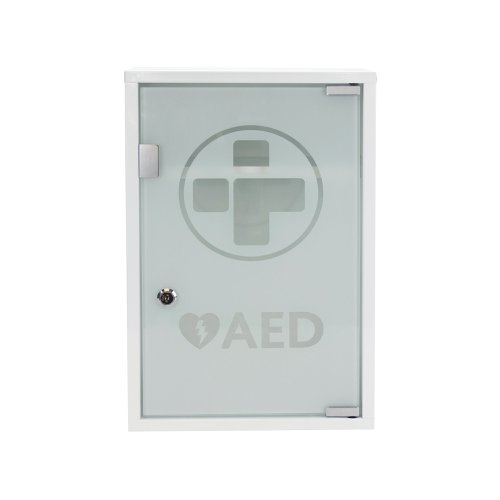 The Mediana AED Metal Wall Cabinet with a toughened durable glass door. The cabinet is alarmed and will sound when opened. It is also lockable and includes keys. It is compatible with most AED models. The cabinet is wall mountable. The AED (Automated External Defribillator) is not included.