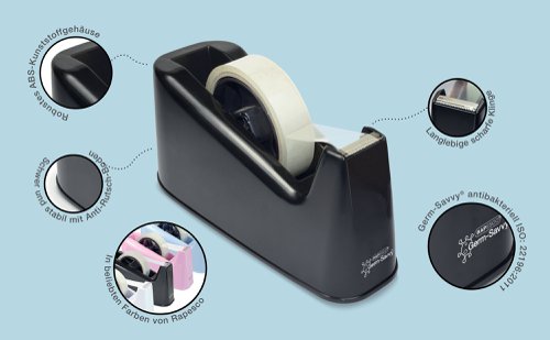 Rapesco Germ-Savvy 500 Tape Dispenser Heavy Duty Black RPTD500B