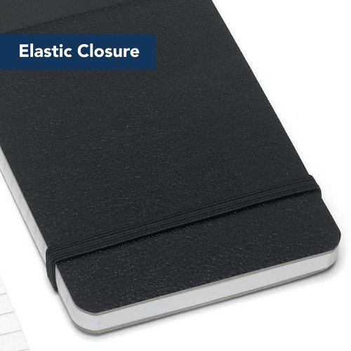 This handy compact notebook contains 160 pages of 60gsm ruled paper for neat note-taking on the go. The economical notebook measures 76 x 127mm and is headbound with an elasticated strap for security. This pack contains 10 notebooks with black card covers.