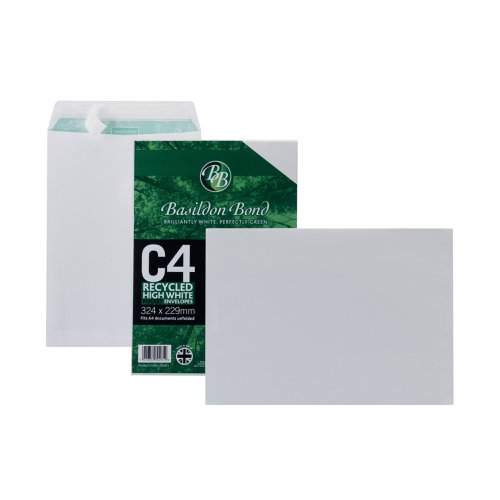 JDL80281 | These environmentally friendly Basildon Bond envelopes are made from smooth, 100% recycled, heavyweight 120gsm white paper and feature a simple and secure peel and seal closure. Ideal for unfolded A4 documents, these C4 envelopes have an opaque green interior for confidential mailing. This pack contains 50 white envelopes.