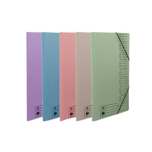 JT19099 | This handy Concord file contains 9 sections for organised filing with a pre-printed index on the front cover for easy referencing. The environmentally friendly file is made from bright, 70% recycled manilla and also features elasticated straps to help keep contents secure. Suitable for filing A4 or foolscap documents, this assorted pack contains ten 9 part files, with 2 each of buff, blue, green, pink and mauve.