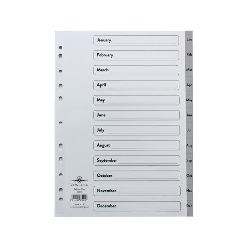 Concord 12-Part January-December Index Polypropylene A4 Grey 63005