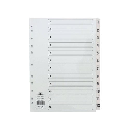 Concord Classic Index 1-12 A4 White Board With Clear Mylar Tabs 01201/CS12