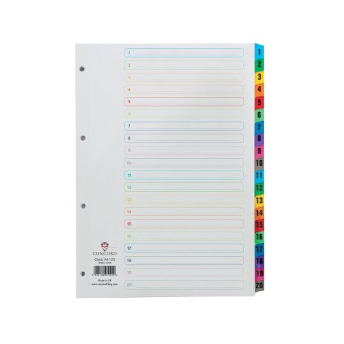 Concord Index 1-20 A4 White with Multicolour Tabs 01901/CS19