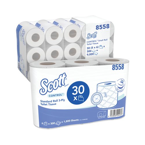 Scott Control Toilet Tissue Standard Roll 3-Ply White (Pack of 30) 8558