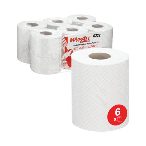 KC05158 | WypAll L10 Food and Hygiene Centrefeed Paper Rolls are 1 ply and designed for light duty wiping in areas such as food preparation and service surfaces. They are designed for use with the portable WypAll Reach wiping paper dispenser, a portable and enclosed system is designed to keep your centrefeed roll clean. The single sheet dispensing is designed to minimise contamination whilst encouraging efficient use of the paper wipes. This WypAll wiping paper is designed to be used once with detergent or disinfectant and have been tested as compatible for use in spray and wipe applications. This pack contains six rolls of 430 sheets (2,580 wipes in total).