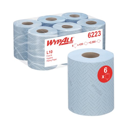 WypAll L10 Food and Hygiene Centrefeed Paper Rolls 1 Ply Blue (Pack of 6) 6223