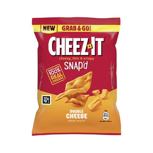 Cheez-It Snap'd Double Cheese are fun, bite-sized pieces of cheesy goodness that turns from a crispy initial bite to an explosion of cheesiness. These baked snacks are flavoured with 100% real cheese giving it the Double cheese flavour. Supplied in a pack of 20 bags, each containing 40g.