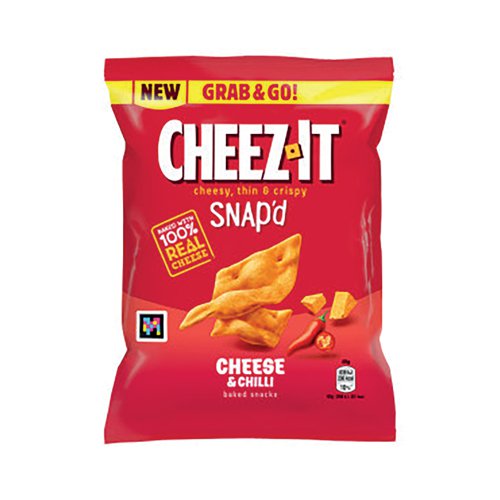 Cheez-It Snap'd Cheese and Chilli are cheesy baked snacks with initial creamy, salty and red chilli notes, followed by mature cheese, then finished with a medium level of heat. These baked snacks are flavoured with 100% real cheese. Supplied in a pack of 20 bags, each containing 40g.