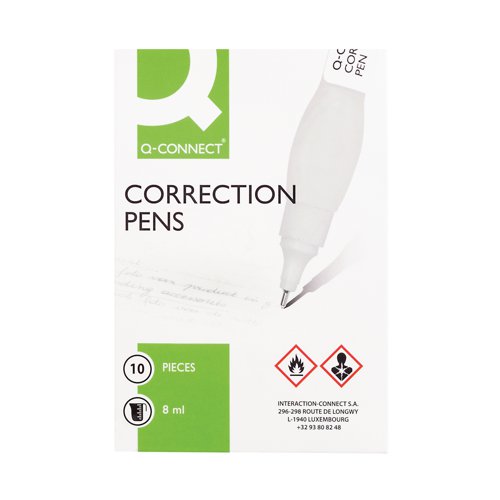 KF00271 | This Q-Connect Correction Pen features an autoseal fine metal tip for easy application, with a squeezable body for precise control. The fast drying fluid provides a smooth, even surface for quick, efficient correction. Each pen contains 8ml of correctional fluid. This pack contains 10 pens.