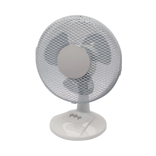 KF00402 | This 9 inch mains powered fan features a sturdy desk stand that keeps it stable during use. You can manually tilt the fan to suit your needs, and the automatic oscillating function rotates the fan head back and forth to provide cooling to an entire room. The adjustable controls let you select between two fan speeds to suit your preferences.