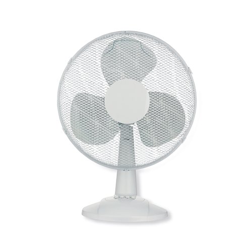 KF00403 | This mains-powered fan features a sturdy desk stand that keeps it stable during use. You can manually tilt the fan to suit your needs, and the automatic oscillating function rotates the fan head back and forth to provide cooling to an entire room. The adjustable controls let you select between three fan speeds to suit your preferences.