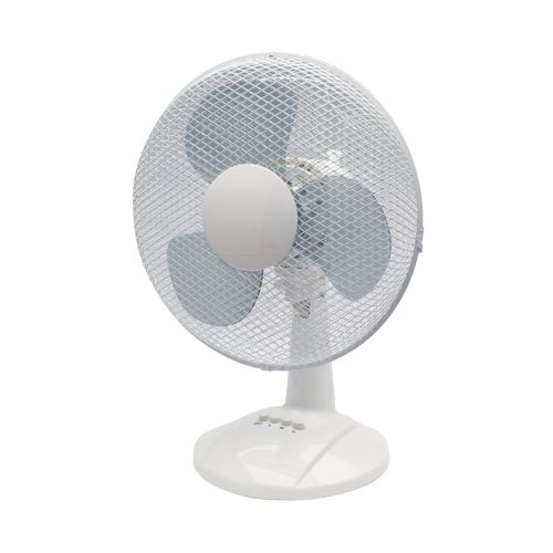 KF00405 | This mains powered fan features a sturdy desk stand that keeps it stable during use. You can manually tilt the fan to suit your needs and the automatic oscillating function rotates the fan head back and forth to provide cooling to an entire room. The adjustable controls let you select between three fan speeds to suit your preferences.