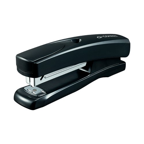 This full strip Q-Connect stapler features a tough metal chassis encased in durable plastic for general stapling tasks at home, school, or in the office. The stapler has a stapling capacity of up to 20 sheets of 80gsm paper and uses standard 26/6mm and 24/6mm staples. This black stapler also features an 80mm throat depth and a simple top loading mechanism.