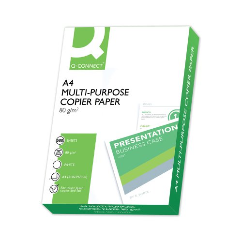 Buy Q-Connect White 80gsm A4 Copier Paper and you save on cost but not on quality. Bright white, highly opaque with excellent ink retention, this paper is ideal for everyday printing and copying. Its ultra-smooth 80gsm finish shows up excellent contrast against ink or toner with almost no bleed through. Q-Connect provides the perfect combination of value and excellence for crisp, clean printouts on paper that does not cost the Earth.