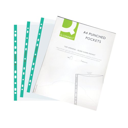 Q-Connect Delux Punched Pocket Top Opening Green Strip A4 Clear (Pack of 100) KF01121 KF01121