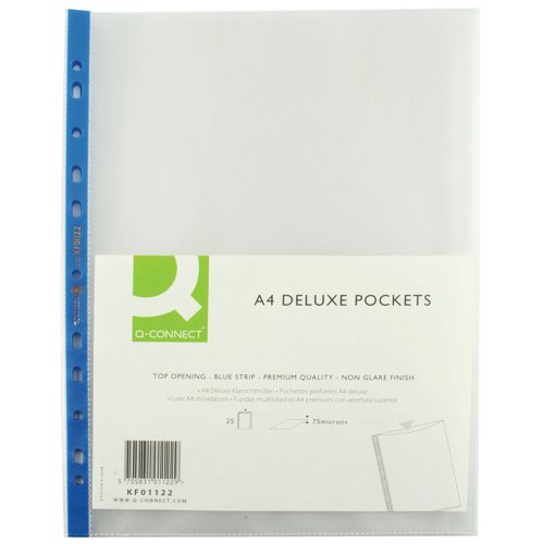 Q-Connect Delux Punched Pocket Top Opening Blue Strip A4 Clear (Pack of 25) KF01122 KF01122