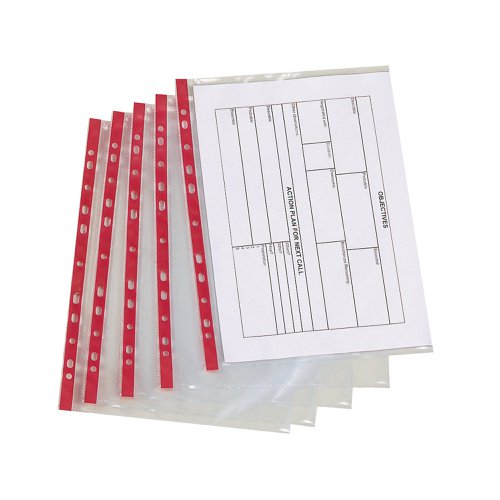 Q-Connect Delux Punched Pocket Side Opening Red Strip A4 (Pack of 25) KF01123