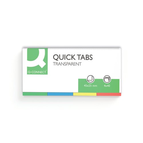 KF01225 | These Q-Connect Quick Tabs are perfect for marking pages in books. With glue that is designed for easy application and removal, you can reposition and re-use these tabs as required. Each tab measures 25 x 45mm and has a coloured tip, allowing you to implement a colour coded system that makes organisation easier. These transparent tabs are designed to show the text on the page beneath, preventing unnecessary obstruction and come with tips in 4 colours: red, yellow, blue and green for quick and easy reference. This pack contains 40 tabs of each colour (160 tabs in total).