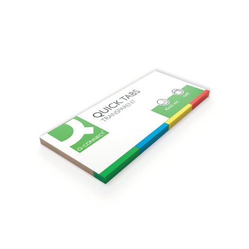 KF01225 | These Q-Connect Quick Tabs are perfect for marking pages in books. With glue that is designed for easy application and removal, you can reposition and re-use these tabs as required. Each tab measures 25 x 45mm and has a coloured tip, allowing you to implement a colour coded system that makes organisation easier. These transparent tabs are designed to show the text on the page beneath, preventing unnecessary obstruction and come with tips in 4 colours: red, yellow, blue and green for quick and easy reference. This pack contains 40 tabs of each colour (160 tabs in total).