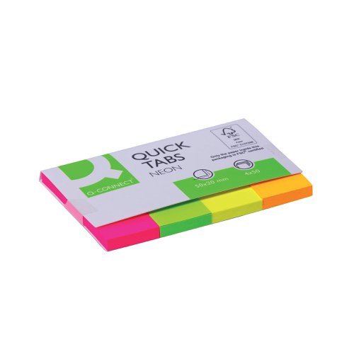 KF01226 | These Q-Connect Quick Tabs are perfect for marking pages in books. With glue that is designed for easy application and removal, you can reposition and re-use these tabs as required. The tabs measure 20 x 50mm and come in 4 bright neon colours: orange, yellow, green and pink, allowing you to implement a colour coded system that makes organisation easier. This pack contains 50 tabs of each colour (200 tabs in total).