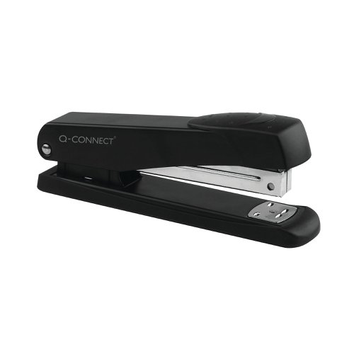 This full strip, all metal Q-Connect stapler is ideal general stapling tasks at home, school, or in the office. The stapler has a stapling capacity of up to 20 sheets of 80gsm paper and uses standard 26/6mm and 24/6mm staples. This black stapler also features an 80mm throat depth and a simple top loading mechanism.