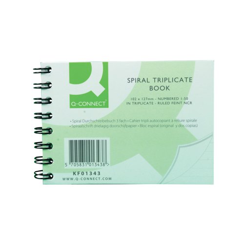 The Q-Connect Spiral Triplicate Book features 50 numbered sets of triplicates for easier organisation, and an index card that can be moved to shield each set of pages. The top sheets are perforated so you can pull them out and retain a duplicate in the book for future reference, and it is spiral bound, allowing the pages lie flat for ease of writing.