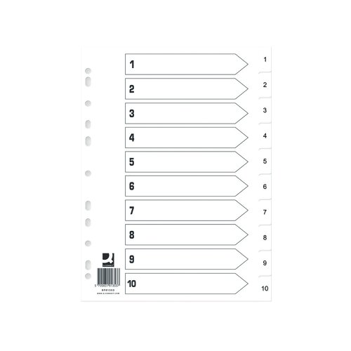 Q-Connect Index 1-10 Polypropylene White (Pack of 25) KF01353Q Printed File Dividers KF01353Q