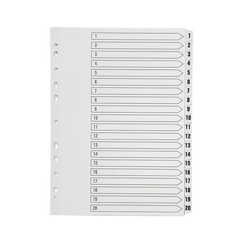 KF01356 | Made of durable polypropylene, this Q-Connect Index is numbered 1-20 to help you organise your filing. A front index card allows you to label your notes for quick and easy referencing. Multi-punched to fit standard A4 ring binders and lever arch files, this 20-part index is pre-printed 1-20 and comes in a pack of 1.