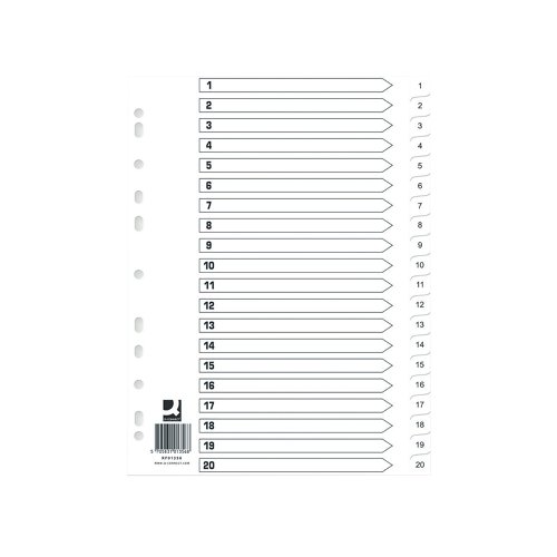 KF01356Q | Made of durable polypropylene, this Q-Connect Index is numbered 1-20 to help you organise your filing. A front index card allows you to label your notes for quick and easy referencing. Multi-punched to fit standard A4 ring binders and lever arch files, this 20-part index is pre-printed 1-20 and comes in a pack of 10.