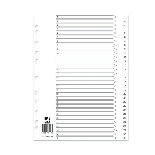 KF01357Q | This Q-Connect 1-31 numbered index divider provides a clear and simple filing solution for your everyday office needs. The front index sheet provides space for labelling to make referencing your notes quick and easy. Made from polypropylene, this index comes with pre-printed tabs (1-31) and is multi-punched to fit standard A4 lever arch files or ring binders.