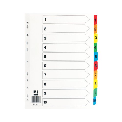 KF01519 | This Q-Connect 1-10 numbered index divider provides a clear and simple filing solution for your everyday office needs. The front index sheet provides space for labelling to make referencing your notes quick and easy. Made from plain white card with multi-coloured Mylar tabs for extra reinforcement. This index comes with pre-printed tabs (1-10) and is multi-punched to fit standard lever arch files or ring binders.