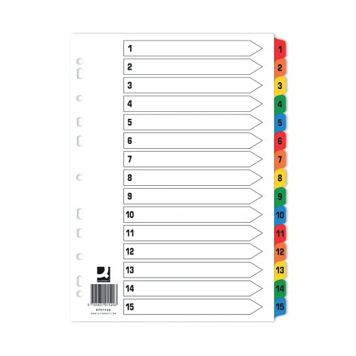 KF01520Q | This Q-Connect 1-15 numbered index divider provides a clear and simple filing solution for your everyday office needs. The front index sheet provides space for labelling to make referencing your notes quick and easy. It is made from plain white board with multicoloured tabs for extra reinforcement. This index comes with pre-printed tabs (1-15) and is multi-punched to fit standard lever arch files or ring binders.