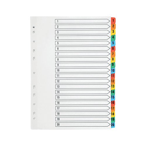 KF01521 | This Q-Connect 1-20 numbered index divider provides a clear and simple filing solution for your everyday office needs. The front index sheet provides space for labelling to make referencing your notes quick and easy. Made from plain white card with multi-coloured Mylar tabs for extra reinforcement. This index comes with pre-printed tabs (1-20) and is multi-punched to fit standard lever arch files or ring binders.