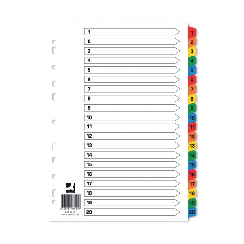 KF01521Q | This Q-Connect 1-20 numbered index divider provides a clear and simple filing solution for your everyday office needs. The front index sheet provides space for labelling to make referencing your notes quick and easy. It is made from plain white board with multicoloured tabs for extra reinforcement. This index comes with pre-printed tabs (1-20) and is multi-punched to fit standard lever arch files or ring binders.