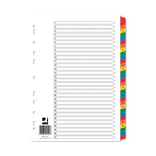 KF01522 | This Q-Connect 1-31 numbered index divider provides a clear and simple filing solution for your everyday office needs. The front index sheet provides space for labelling to make referencing your notes quick and easy. Made from plain white card with multi-coloured Mylar tabs for extra reinforcement. This index comes with pre-printed tabs (1-31) and is multi-punched to fit standard lever arch files or ring binders.