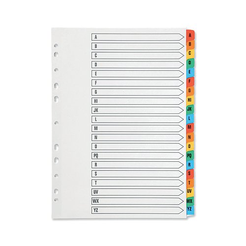 KF01523 | This Q-Connect A-Z index divider provides a clear and simple filing solution for your everyday office needs. The front index sheet provides space for labelling to make referencing your notes quick and easy. Made from plain white card with multi-coloured Mylar tabs for extra reinforcement. This 20 part index comes with pre-printed tabs (A-Z) and is multi-punched to fit standard lever arch files or ring binders.